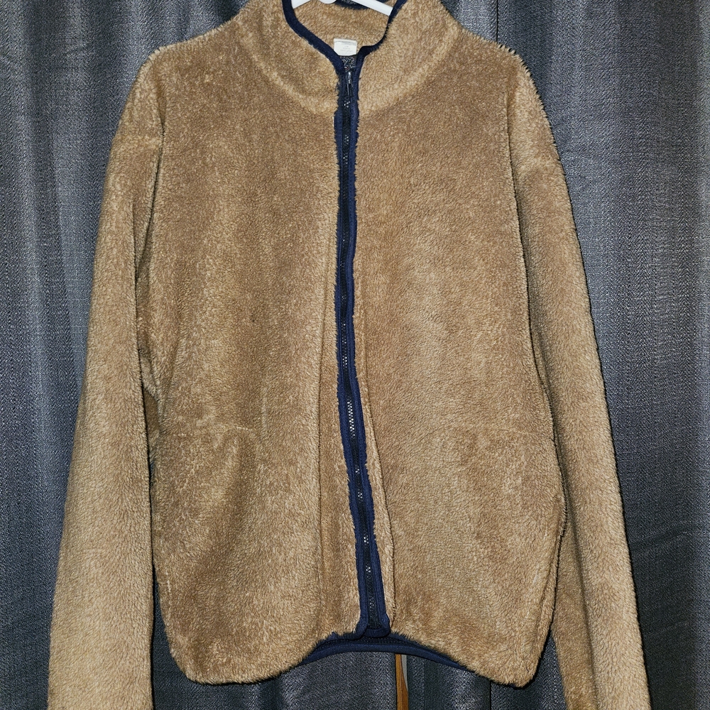 Cozy Tan Fleece Jacket with Navy Accents